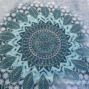 Grey, teal, and white tapestry